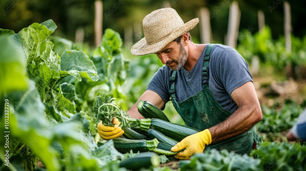 Wall mural Farmer Harvesting Fresh Green Zucchini in a Garden