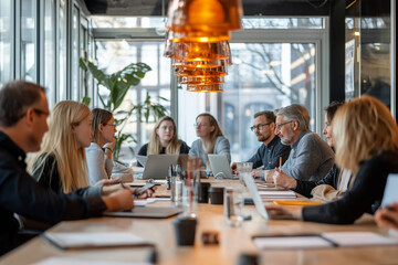 A group of people are sitting around a long table in a conference room