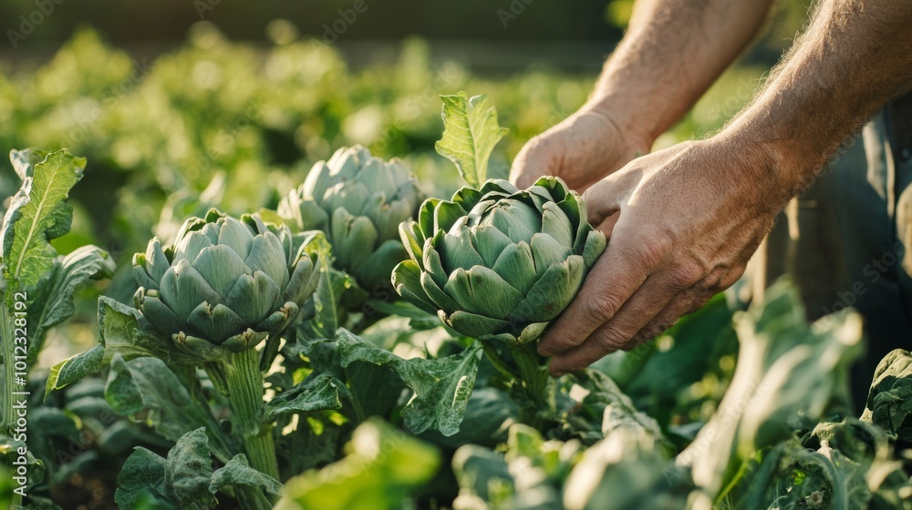 Sticker Close-up of a Hand Examining a Ripe Artichoke in a Field