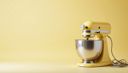 A vibrant yellow stand mixer against a matching yellow background, showcasing a sleek and modern design. The mixer features a shiny stainless steel bowl.

