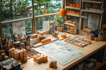 A well-organized workspace with architectural plans, pencils, and wooden blocks.