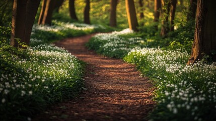 Naklejka premium Serene Forest Pathway Surrounded by White Flowers