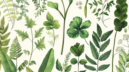 Fototapeta premium Diverse Green Leaves Illustration on Light Background