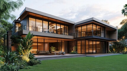 Fototapeta premium Modern two-story house with glass facade and lush green yard generative ai