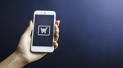Hand Holding Smartphone with Shopping Cart Icon on Screen.