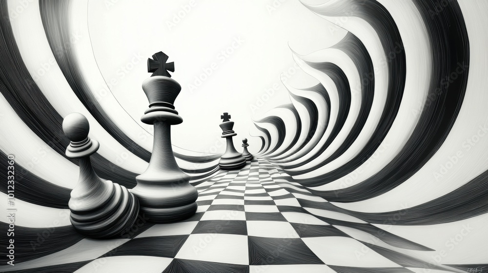 Wall mural A black and white image of chess pieces on a checkered floor, AI