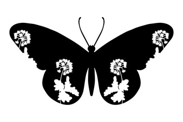 Decorative silhouette, stamp of a winged insect butterfly with botanical patterns on its wings. Vector graphics.