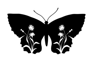Decorative silhouette, stamp of a winged insect butterfly with botanical patterns on its wings. Vector graphics.