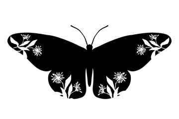 Decorative silhouette, stamp of a winged insect butterfly with botanical patterns on its wings. Vector graphics.