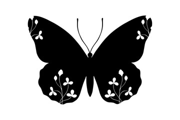 Decorative silhouette, stamp of a winged insect butterfly with botanical patterns on its wings. Vector graphics.