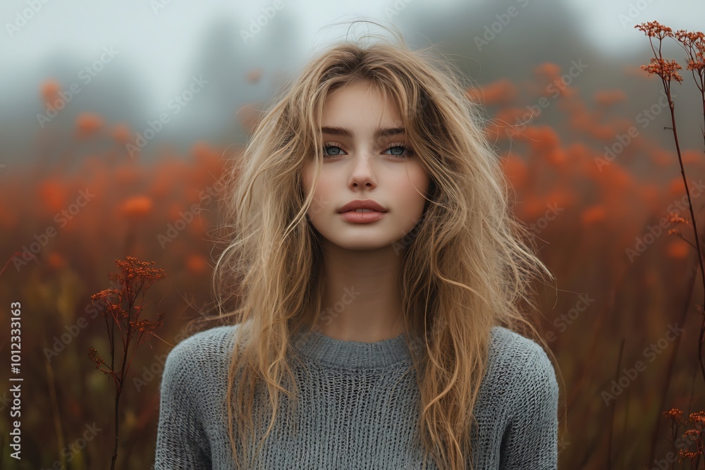 Poster Young Woman with Long Blonde Hair in a Field of Flowers