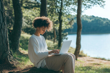 A woman is sitting on the ground with a laptop in front of her