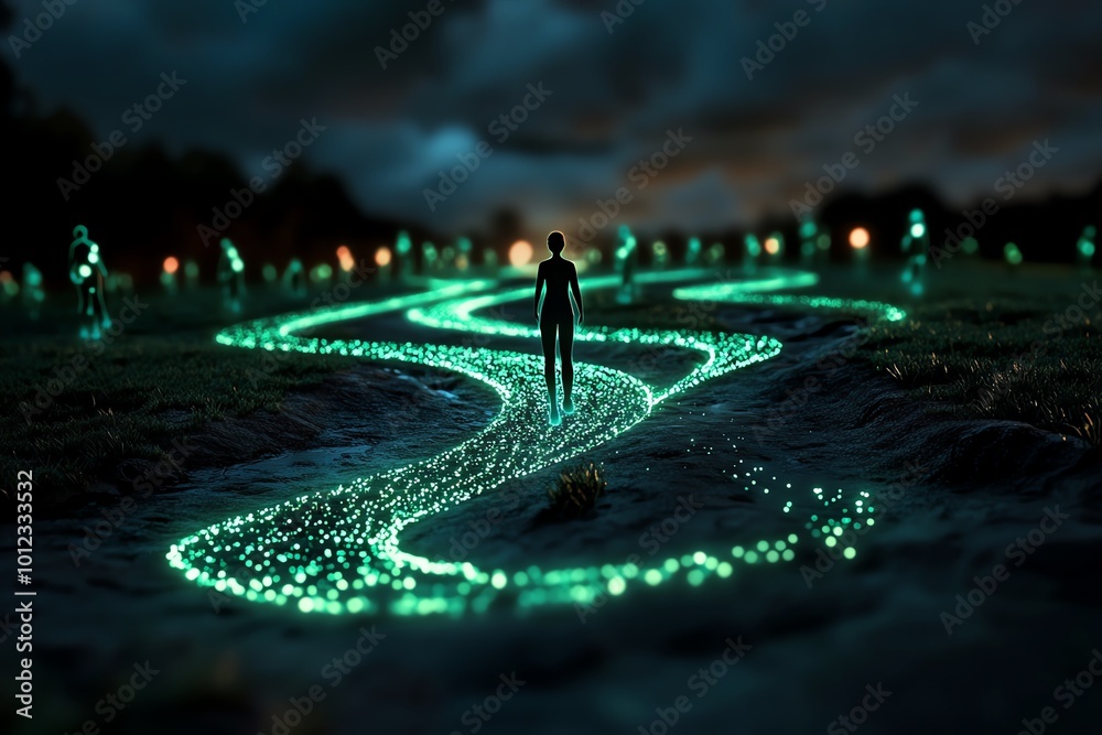 Aufkleber a magical city where diverse people float through the air on glowing paths, symbolizing the limitles