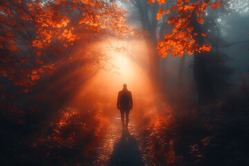 Fototapeta premium Silhouette of a man walking towards a bright light in a forest
