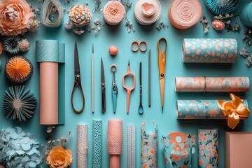 Flat lay of craft supplies including scissors, paper, ribbon, and other decorative items.