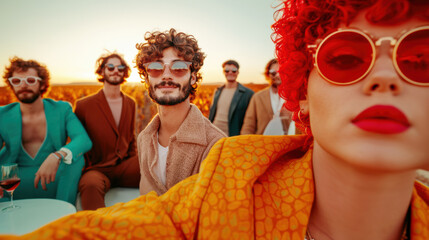 A vibrant group enjoys sunset in stylish attire, capturing the festive flair and lively camaraderie of friends joining together in celebration.