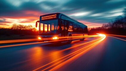 a bus driving down a highway at sunset
