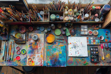 Fototapeta premium A table covered in paint and brushes with a variety of colors