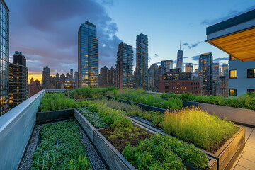 Fototapeta premium A rooftop garden with a view of the city skyline