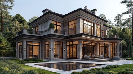 Fototapeta premium Modern luxury house with large windows and outdoor pool.