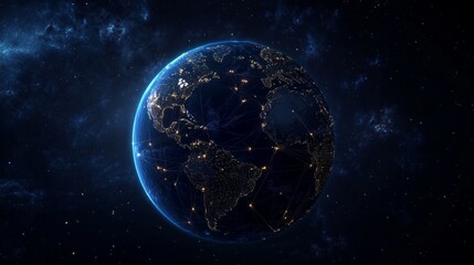 Fototapeta premium Night planet Earth, with glowing connection lines between continents, symbolizing worldwide communication networks generative ai