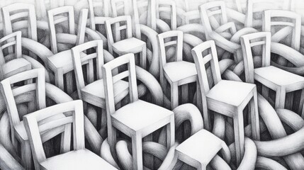 Fototapeta premium A drawing of a bunch of chairs surrounded by chains, AI