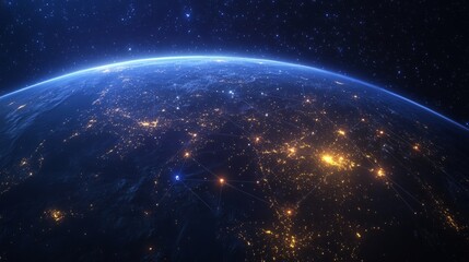 Obraz premium Night planet of Earth from space with glowing connection light lines across continents. Global communication system concept. generative ai