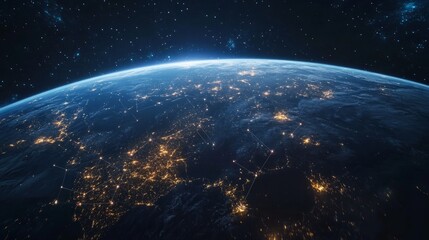 Fototapeta premium Night planet of Earth from space with glowing connection light lines across continents. Global communication system concept. generative ai