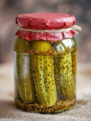Homemade pickles in a jar with mustard seeds on a table