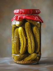 Freshly pickled cucumbers in a jar on a wooden table