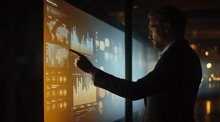 A professional man in business attire stands before an interactive digital wall displaying various graphs and charts with data visualization graphics.