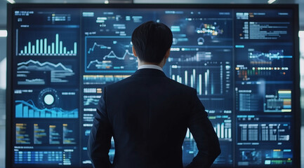 A professional man in business attire stands before an interactive digital wall displaying various graphs and charts with data visualization graphics.