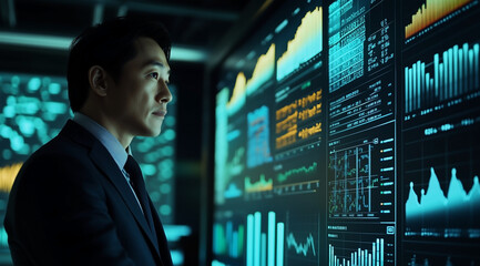 A professional man in business attire stands before an interactive digital wall displaying various graphs and charts with data visualization graphics.