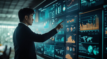 A professional man in business attire stands before an interactive digital wall displaying various graphs and charts with data visualization graphics.