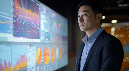 A professional man in business attire stands before an interactive digital wall displaying various graphs and charts with data visualization graphics.