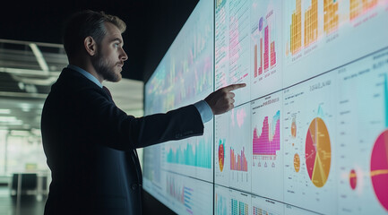 A professional man in business attire stands before an interactive digital wall displaying various graphs and charts with data visualization graphics.