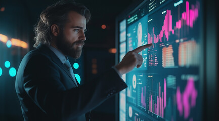 A professional man in business attire stands before an interactive digital wall displaying various graphs and charts with data visualization graphics.
