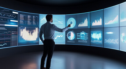 A professional man in business attire stands before an interactive digital wall displaying various graphs and charts with data visualization graphics.