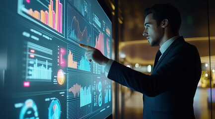 A professional man in business attire stands before an interactive digital wall displaying various graphs and charts with data visualization graphics.