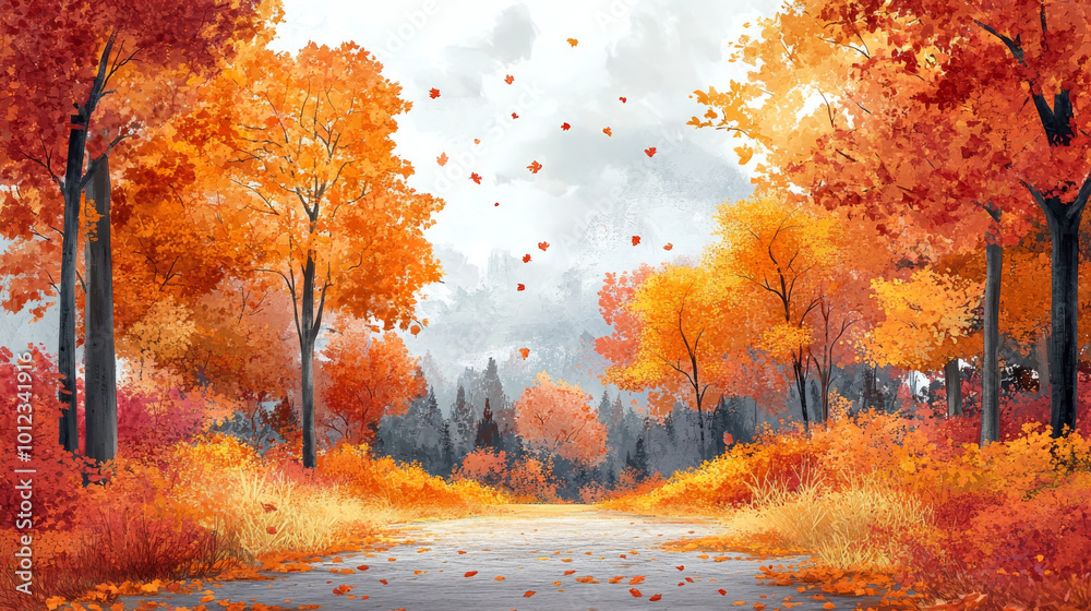 Poster Autumnal forest path with falling leaves