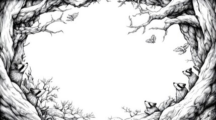Fototapeta premium A drawing of a tree with birds and butterflies in the background, AI