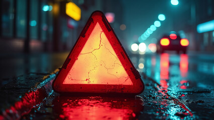 Reflective Warning Sign on Wet Road at Night