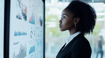 A professional woman in business attire stands before an interactive digital wall displaying various graphs and charts with data visualization graphics.