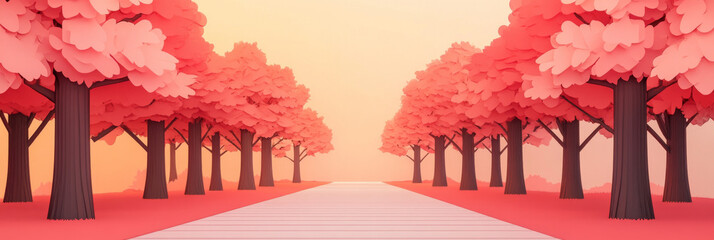 Pink tree lined path in a stylized, low poly landscape.