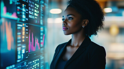 A professional woman in business attire stands before an interactive digital wall displaying various graphs and charts with data visualization graphics.