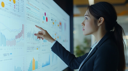 A professional woman in business attire stands before an interactive digital wall displaying various graphs and charts with data visualization graphics.