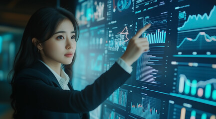 A professional woman in business attire stands before an interactive digital wall displaying various graphs and charts with data visualization graphics.