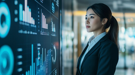 A professional woman in business attire stands before an interactive digital wall displaying various graphs and charts with data visualization graphics.
