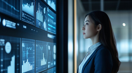 A professional woman in business attire stands before an interactive digital wall displaying various graphs and charts with data visualization graphics.