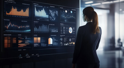 A professional woman in business attire stands before an interactive digital wall displaying various graphs and charts with data visualization graphics.